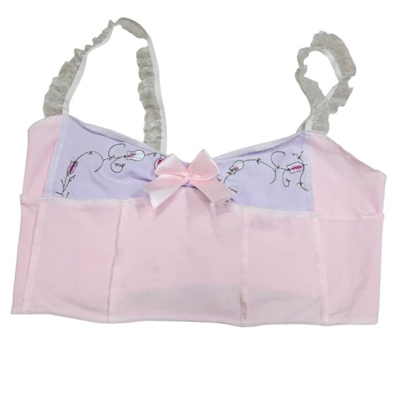 Vintage-Style Pink Lavender Floral Embroidered Bow Accent Crop Top Ruffled Strap - Picture 1 of 7